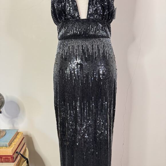 Burnett New York Sequin Beaded Deep V Gown Black Indigo Runway Dress Size 2 NWT - Picture 4 of 14